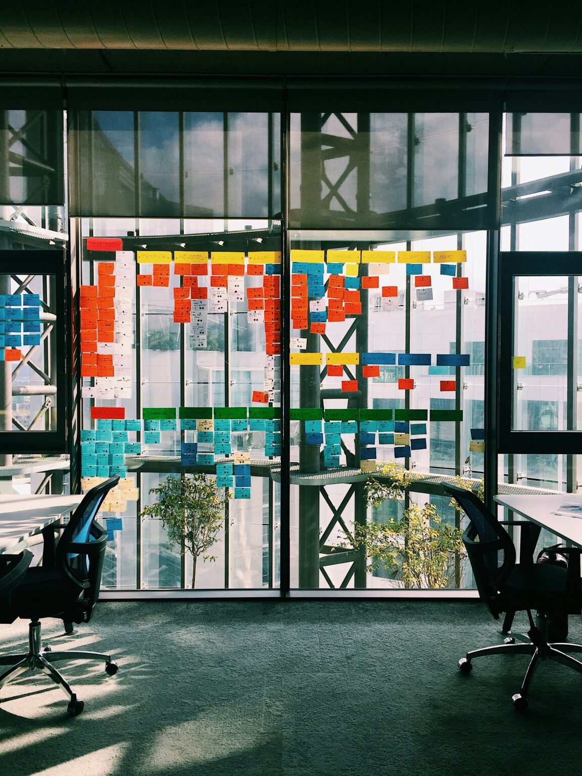 Strategy planning process displayed on a wall in a modern business workspace.